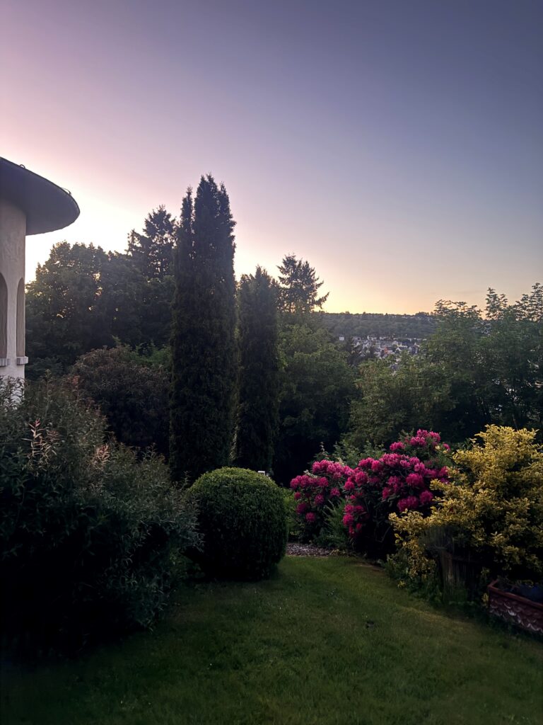 Garden and hillside view from Villa Belvedere in Idar-Oberstein at dusk