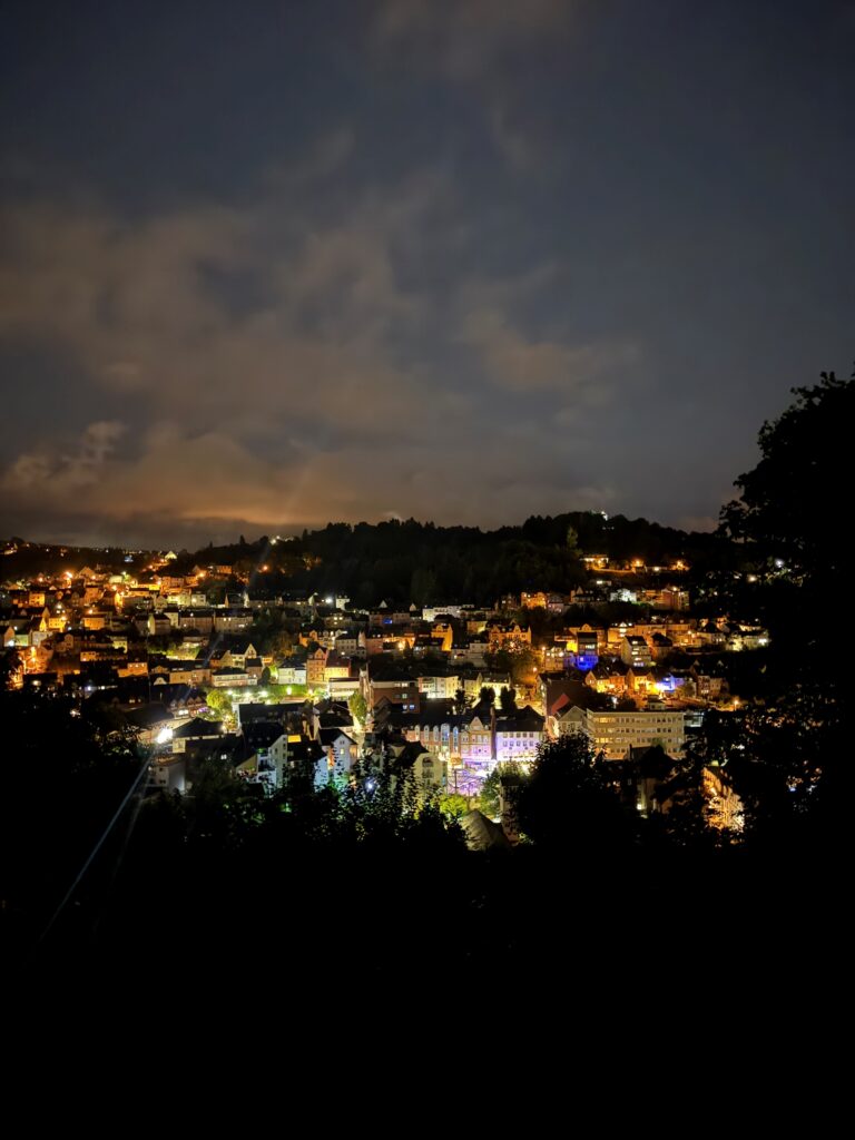 View over Idar-Oberstein illuminated at night